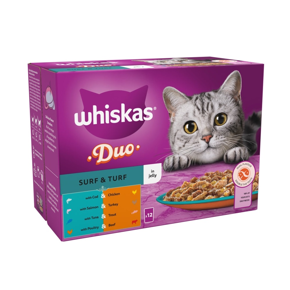 Whiskas 1+ Cat Pouches Duo Surf & Turf in Jelly (12 x 85g)