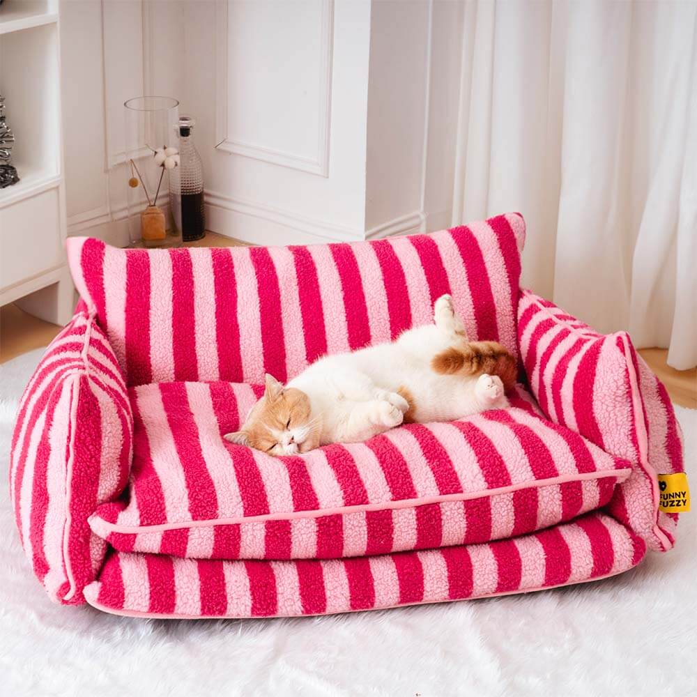 Trendy Striped Faux Lambswool Double Layer Cat Couch Sofa Bed 