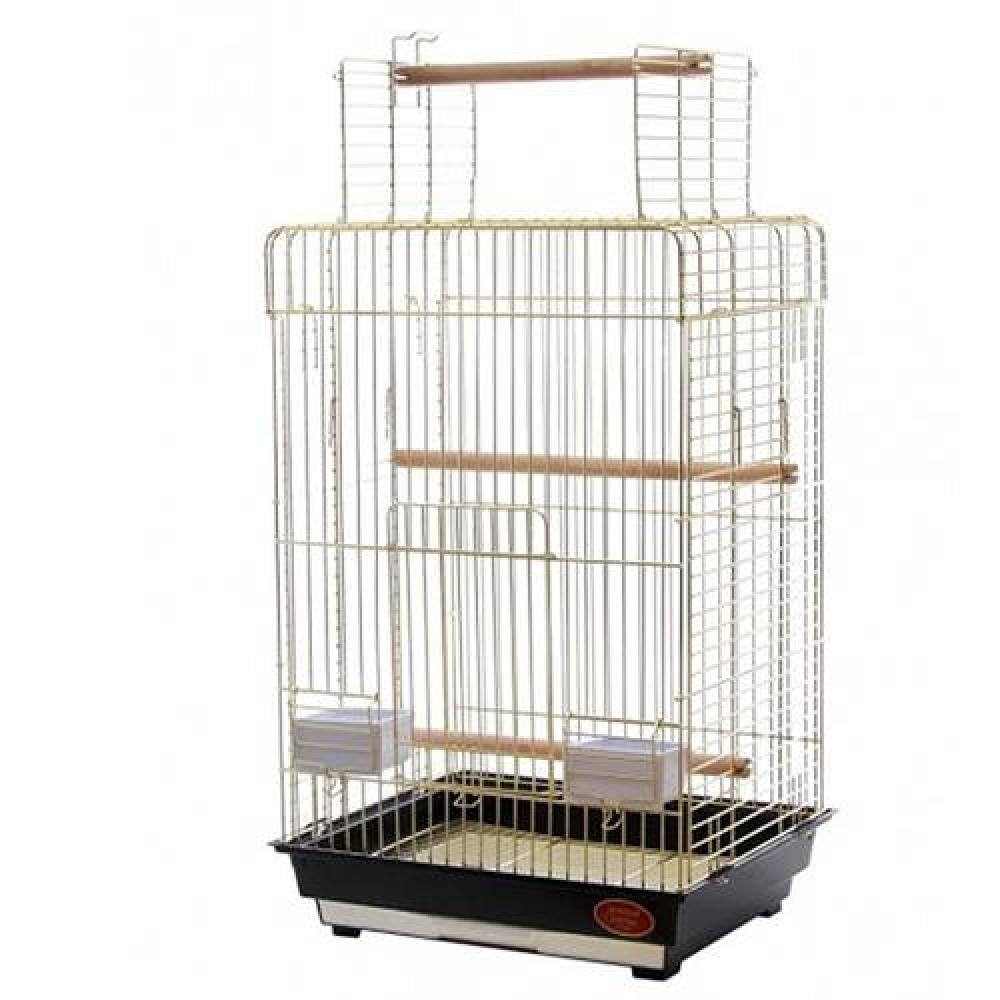 Large metal bird and parrot cage in elegant gold color,