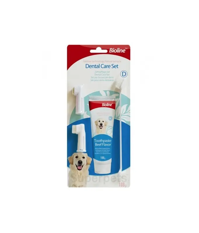 Dog Dental Care Set Bioline Toothpaste with Beef Flavor 