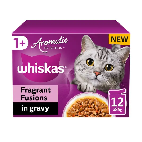 WHISKAS 1+ Aromatic Fusion Cat Pouches in Gravy – 12 × 85g
