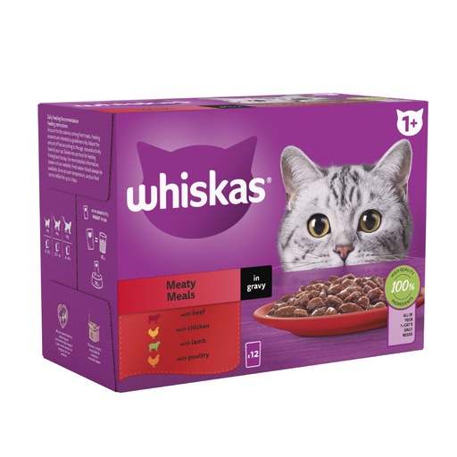 Whiskas 1+ Meaty Meals Adult Wet Cat Food Pouches in Gravy (12 x 85g)
