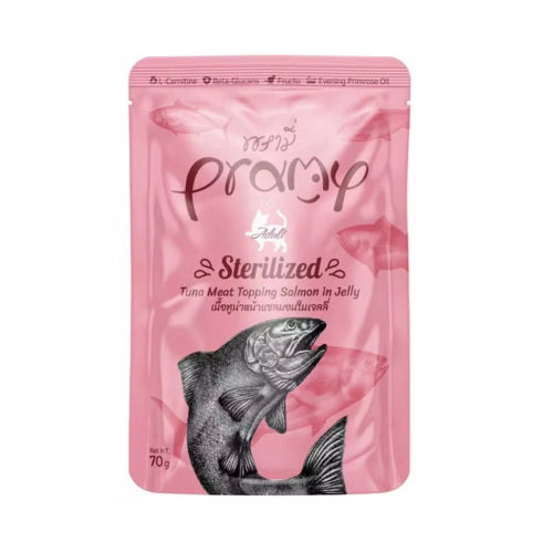 Pramy Wet Food for Sterilized Cats with Tuna and Salmon in Jelly 70g 
