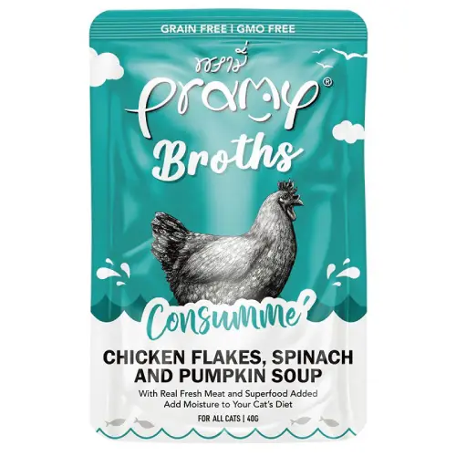 Pramy Hydration Hero Cat Broth – Chicken, Spinach & Pumpkin Soup Pouch 40g