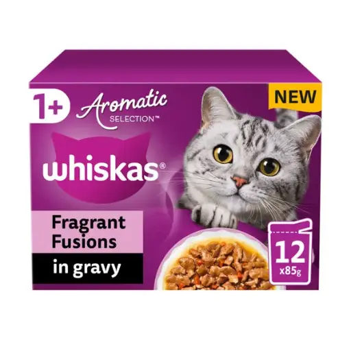 WHISKAS 1+ Aromatic Fusion Cat Pouches in Gravy – 12 × 85g